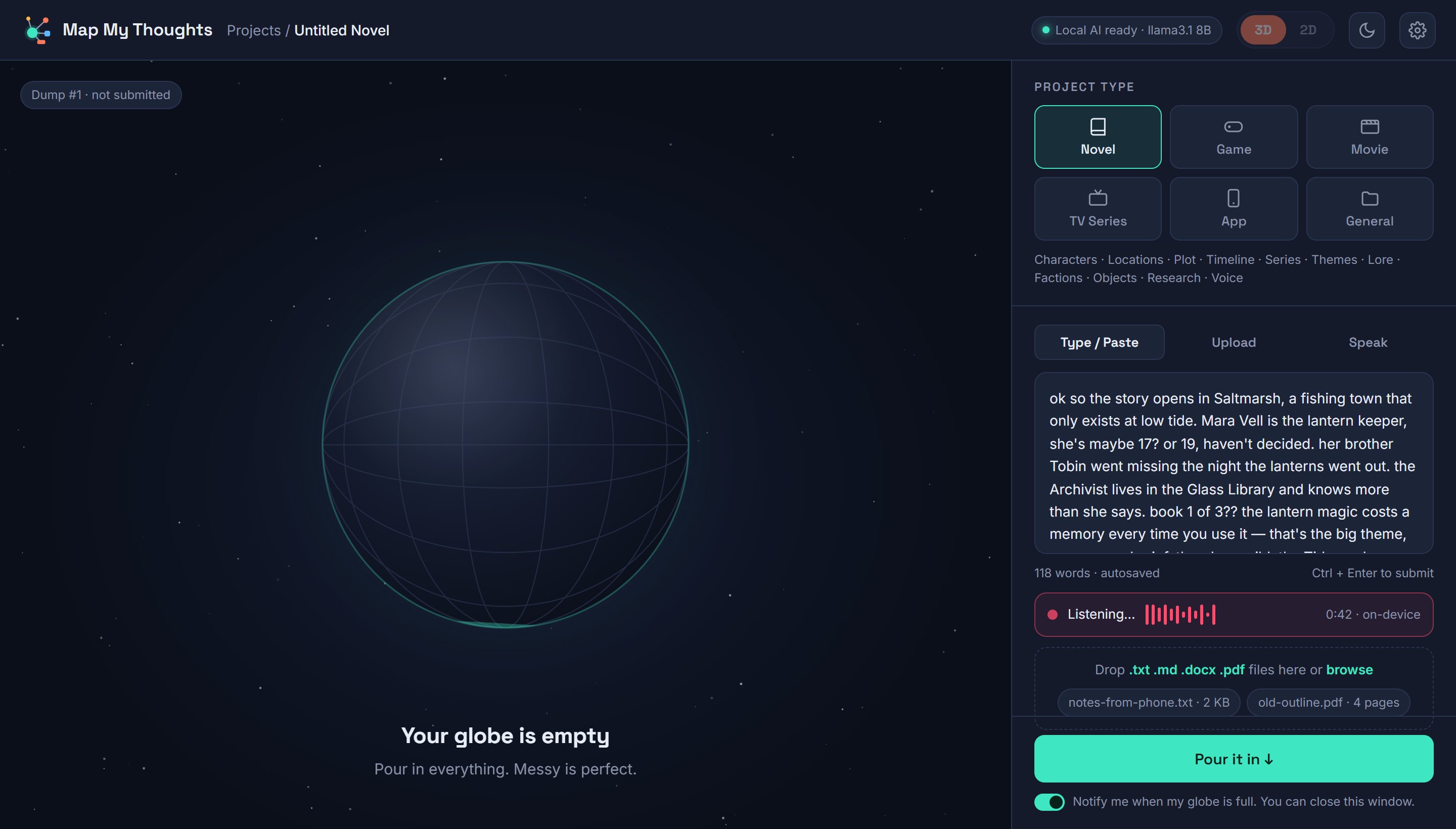 The brain dump screen with an empty globe and a text box